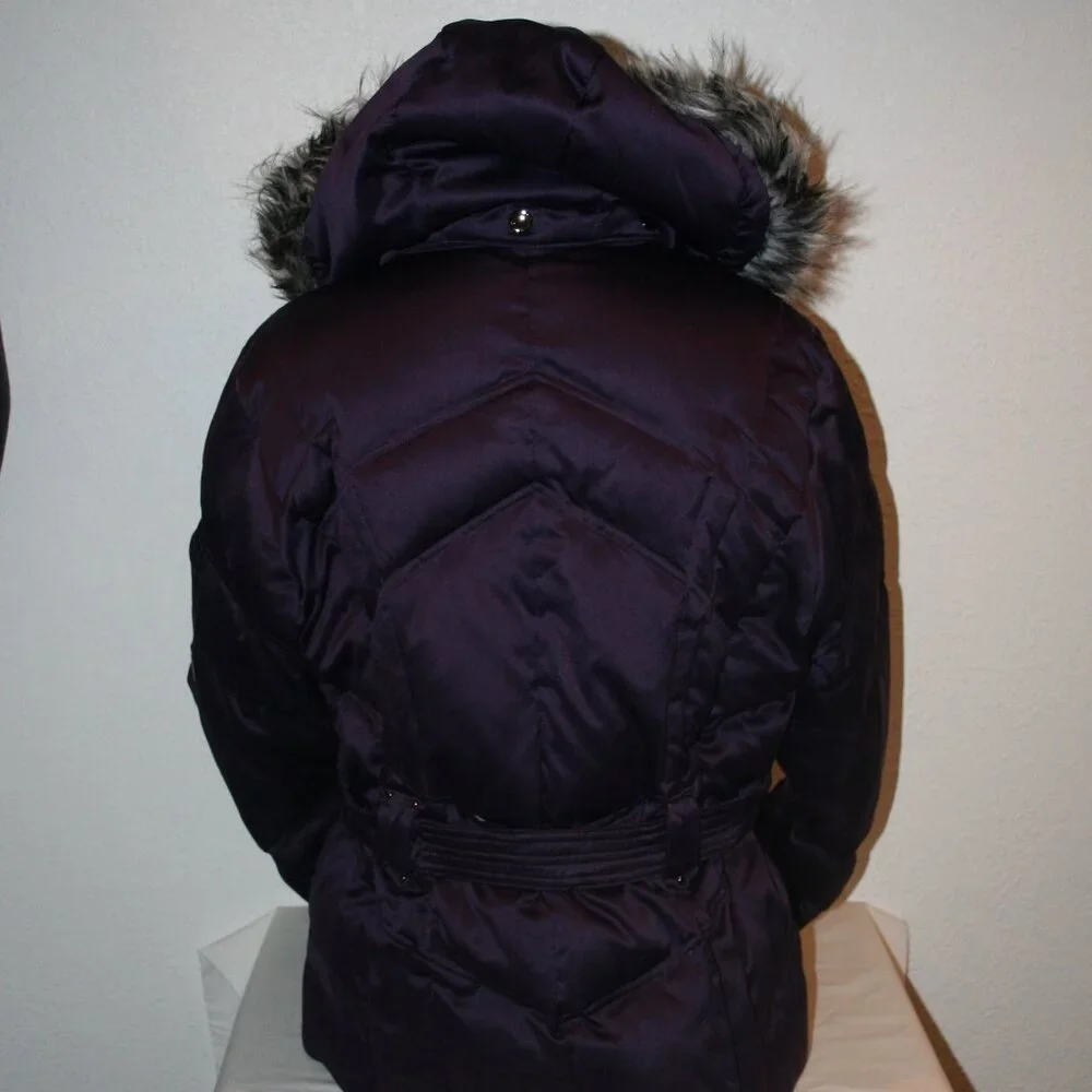 A.N.A Purple XL Down Puffer Faux Fur Trim Hood Zip Snap Jacket Coat Belt Winter - Picture 3 of 12